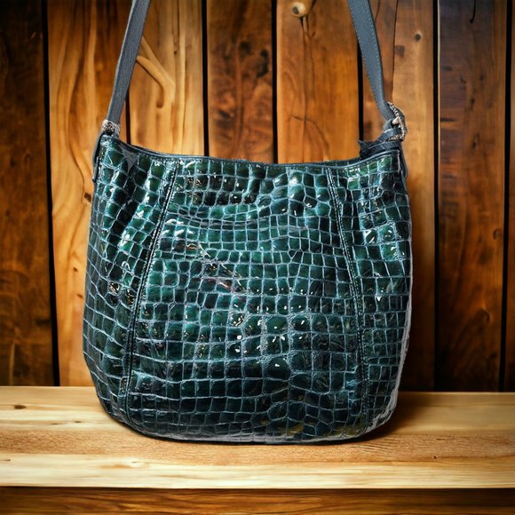 BRIGHTON Teal Green Patent Croc-Embossed Leather Shoulder Bag - Picture 7 of 8